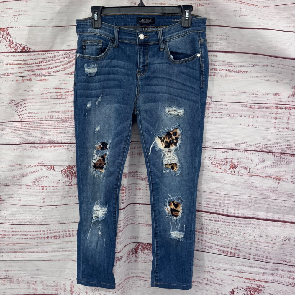 Judy Blue Skinny Jeans Distressed Leopard‎ Patch Women 9 29 Mid Rise Stretch